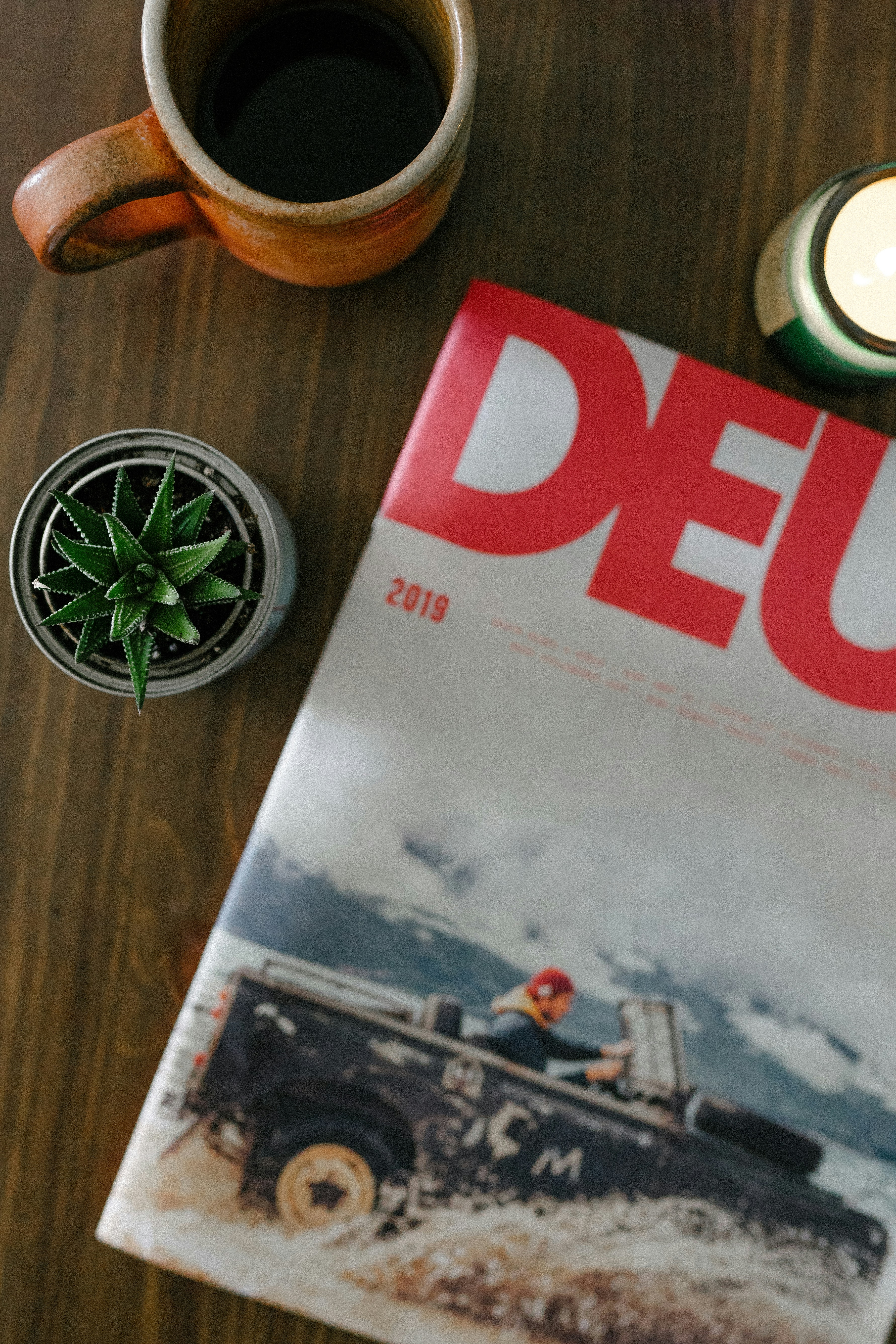 2019 magazine near green aloe vera plate in pot beside brown ceramic mug