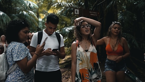 A group of young people are walking through a lush, tropical forest. One person is using a smartphone, while another seems to be adjusting their glasses. Dense green foliage surrounds them, creating a vibrant natural backdrop.