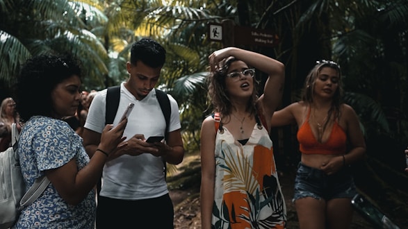 A group enjoying a guided hike through lush tropical forest with waterfalls in the background.