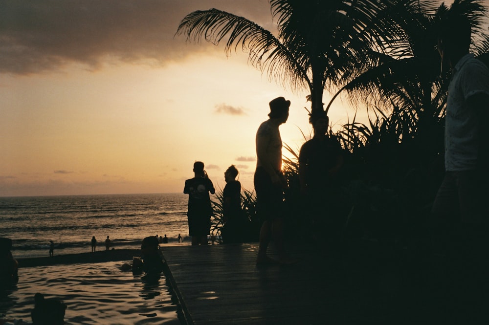 silhouette of people beside seashore