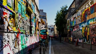 A narrow cobblestone street lined with vibrant murals and street art.