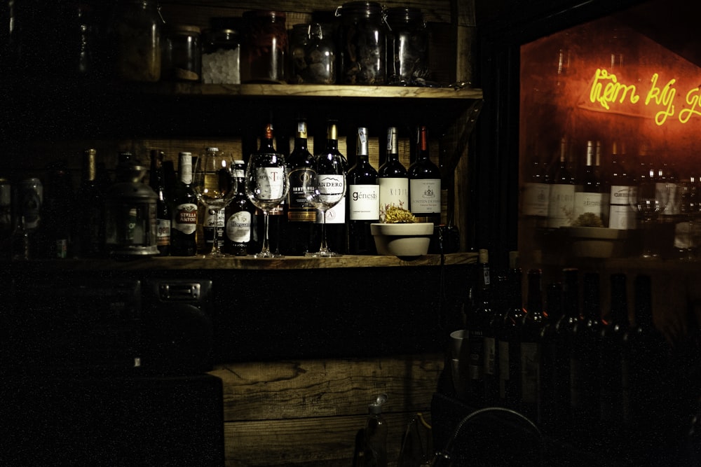 wine bottles on shelves