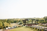 A beautifully decorated outdoor garden setting for a wedding.