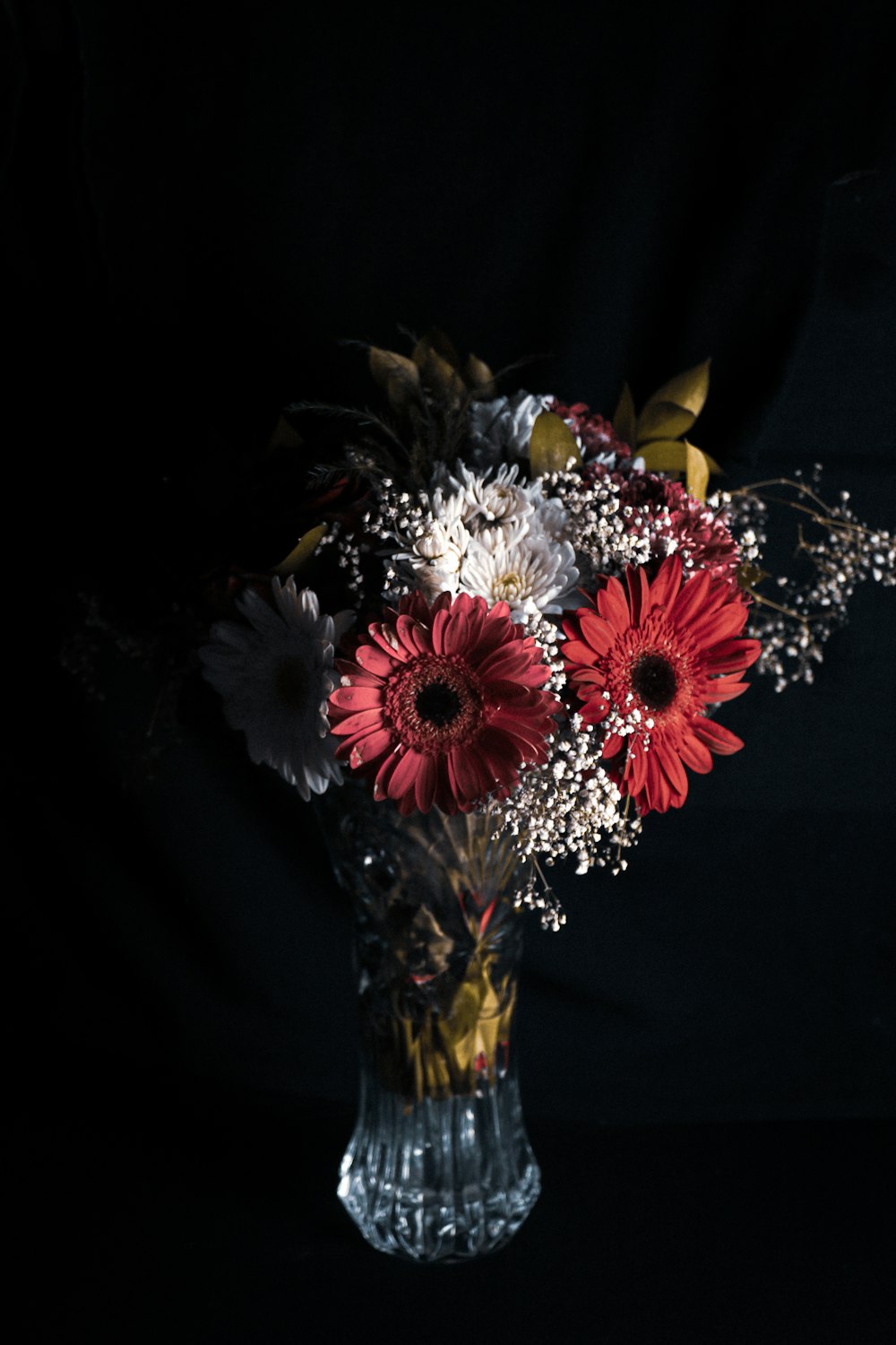 selective focus photography of red and white flower centerpiece