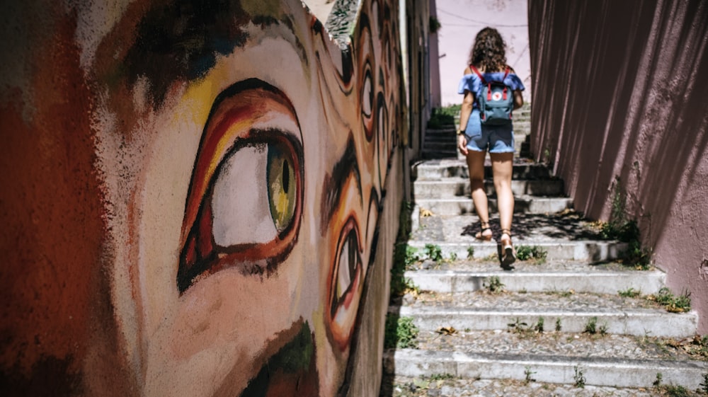 woman walking upstairs