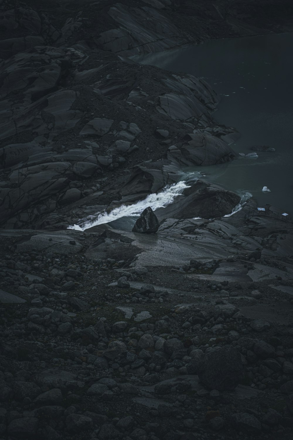 Graustufenfotografie des Seeufers bei Tag