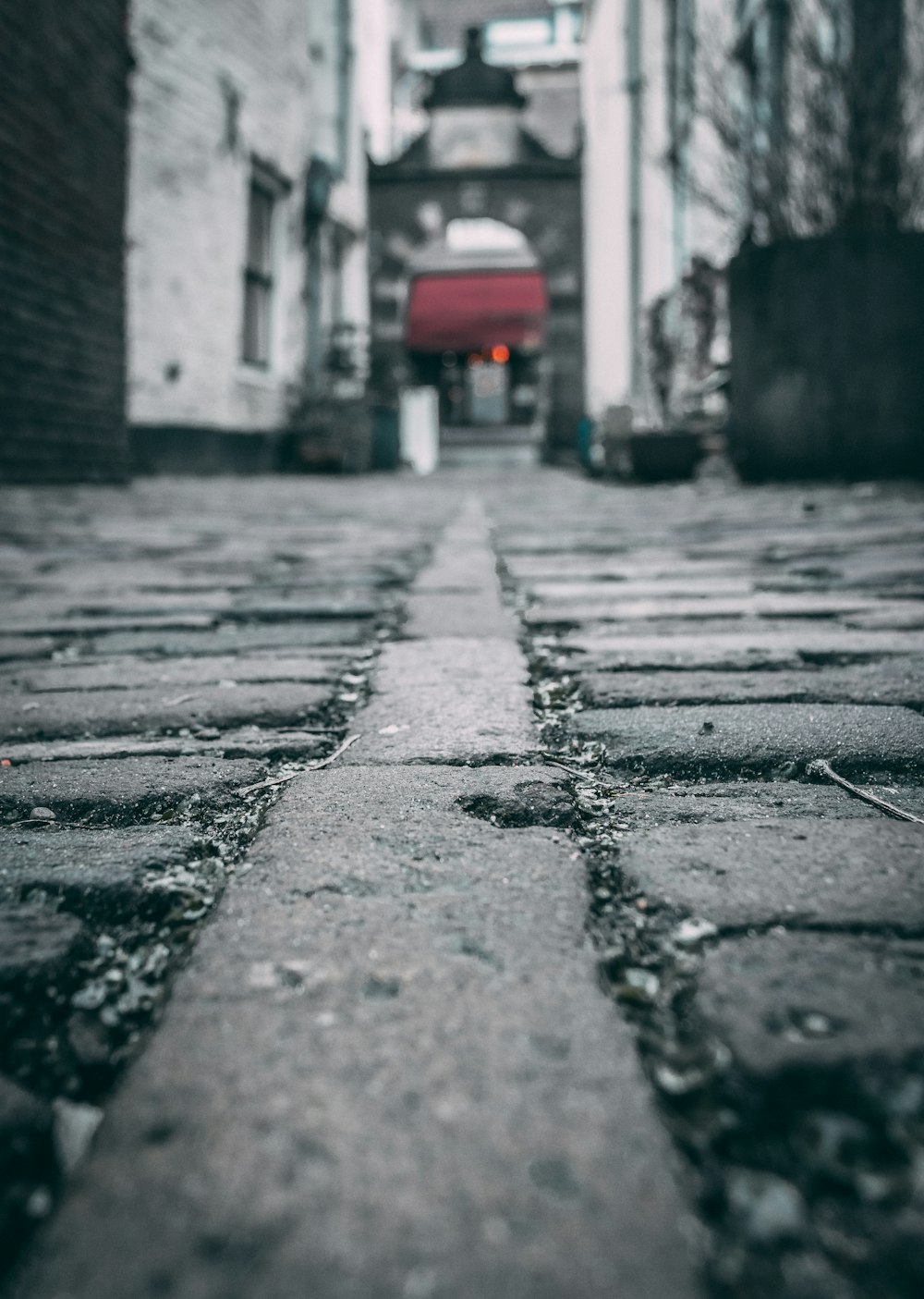 low-angle photography of gray narrow pathway