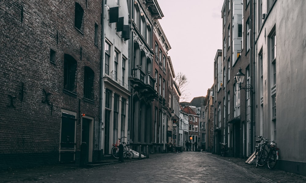 a narrow street in an old european city