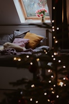 A stylish bedroom featuring winter bedding.