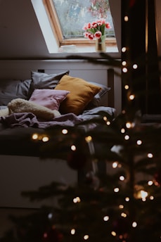 A stylish bedroom featuring winter bedding.