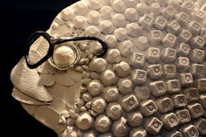 A sculpture resembling a fish made from recycled materials such as egg cartons and bottle caps. The fish is wearing a pair of black spectacles, adding a humorous element to the artwork.