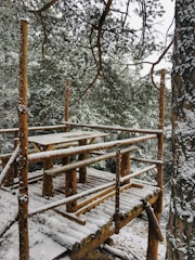 A rustic wooden platform covered in snow is surrounded by dense pine trees, creating a serene winter forest setting. The platform consists of logs with a simple railing and wooden benches, suggesting a place for relaxation or observation.