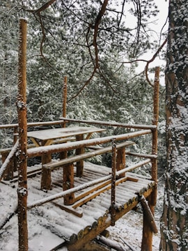 A rustic wooden platform covered in snow is surrounded by dense pine trees, creating a serene winter forest setting. The platform consists of logs with a simple railing and wooden benches, suggesting a place for relaxation or observation.