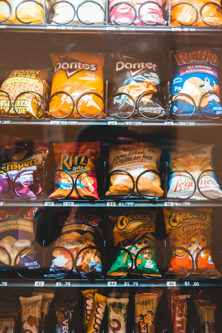 Assorted snacks stocked inside a vending machine