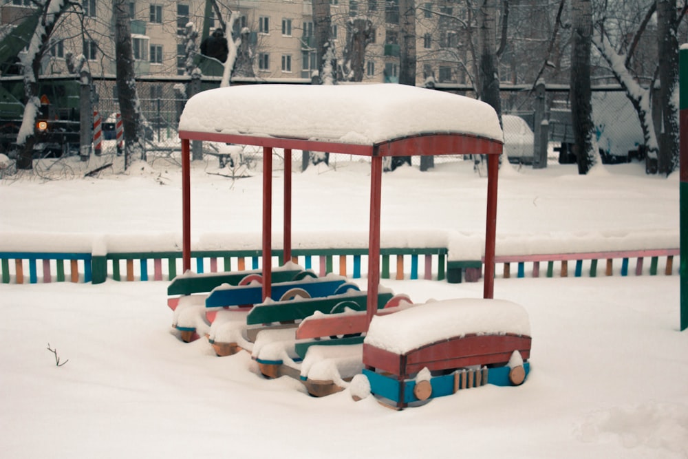 snow-covered bus ride-on toy