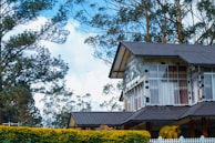 A house with a modern design features large glass windows and a sloping roof made of dark shingles. The exterior is composed of a combination of stone and wood elements. Surrounding the house are lush trees and shrubs, adding a natural backdrop. A white picket fence is visible in the foreground.