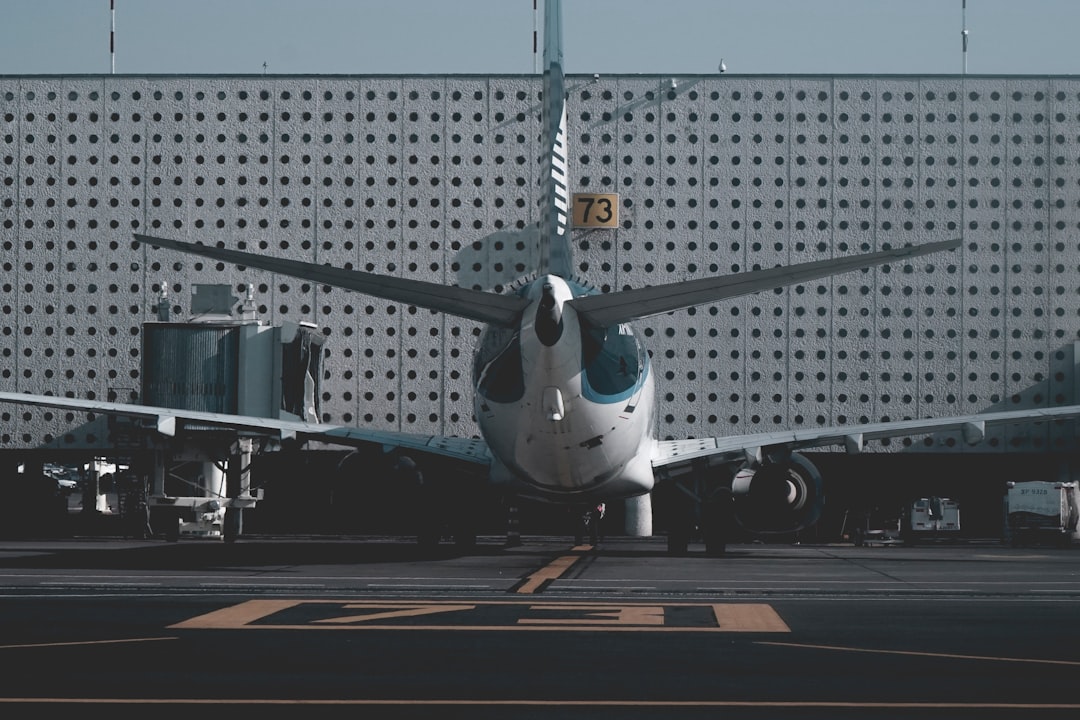 white and blue airliner parked on port, airplane parked at airport