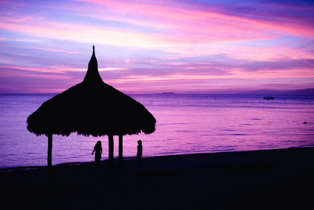 silhouette photography of two people on shoreline