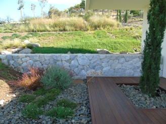 A modern garden area with a wooden deck pathway surrounded by rocks. There's a stone retaining wall with lush green grass and plants growing on the slope behind it. The foreground contains small bushes and a thin, tall tree. The scene is bright with clear skies and some trees in the distance.