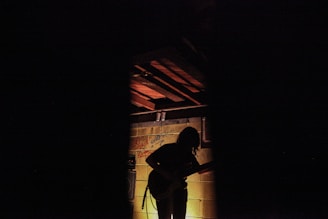 A silhouette of a person playing a guitar is visible against a dimly lit, graffiti-covered brick wall. The scene appears to be in a basement or underground setting, with wooden beams above and an amplifier beside the person.