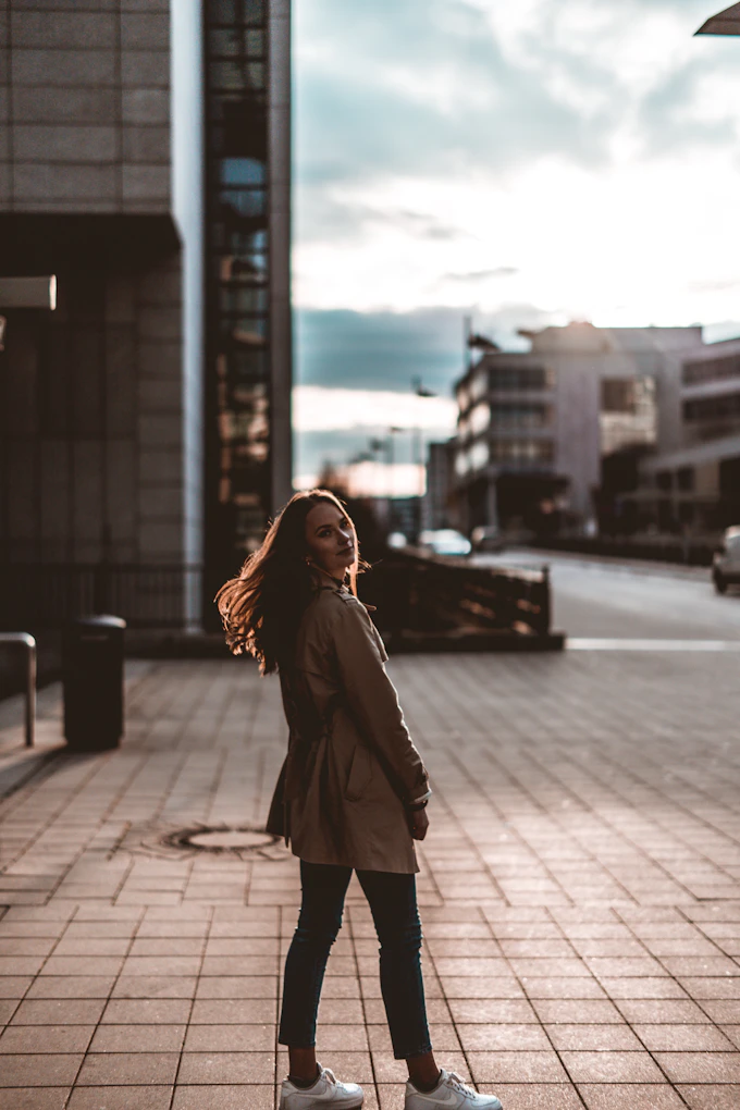 woman in brown coat, stylish wardrobe look