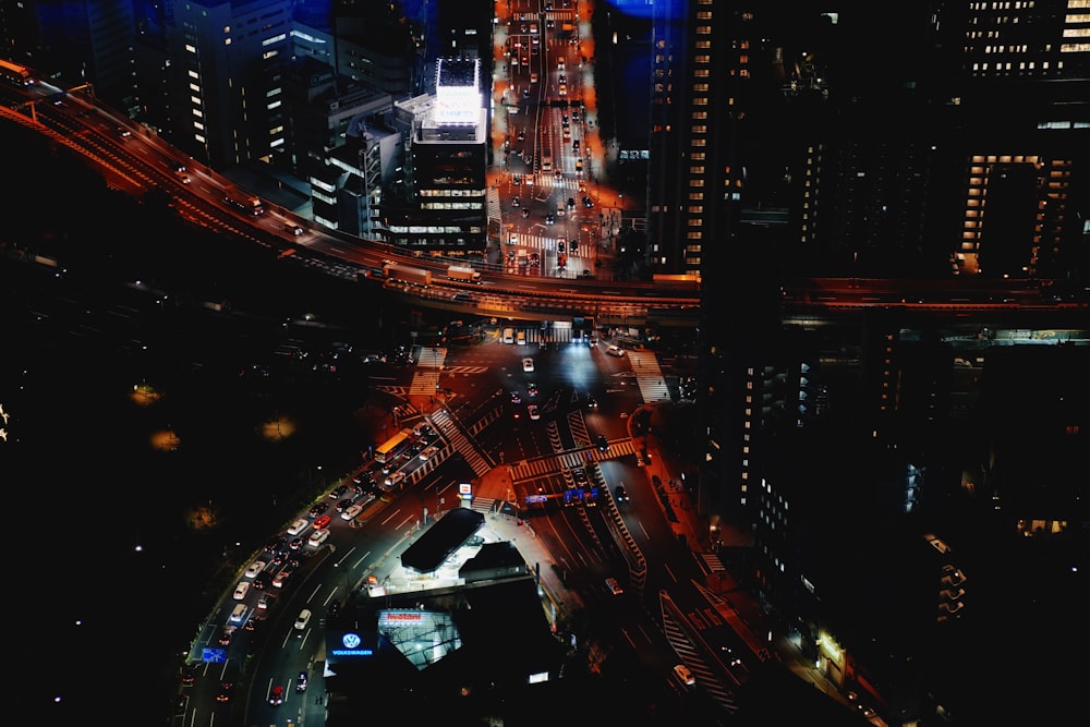 an aerial view of a city at night