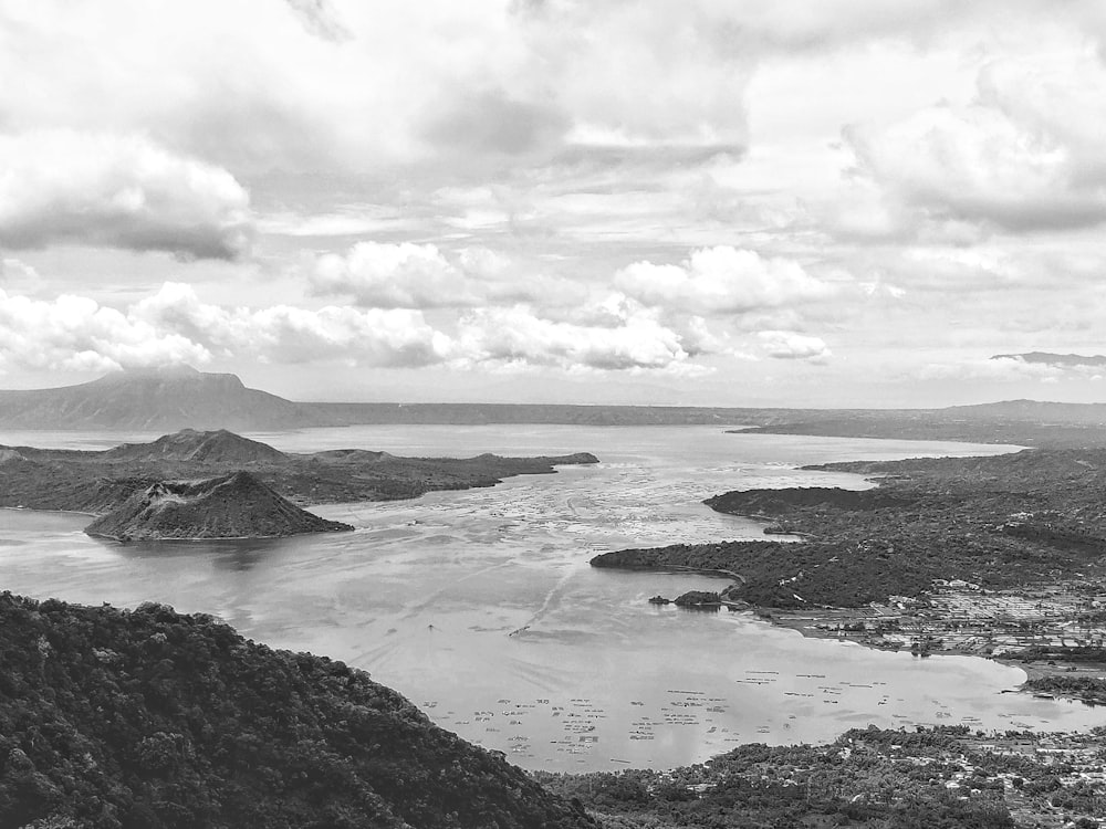 grayscale photography of Taal volcano