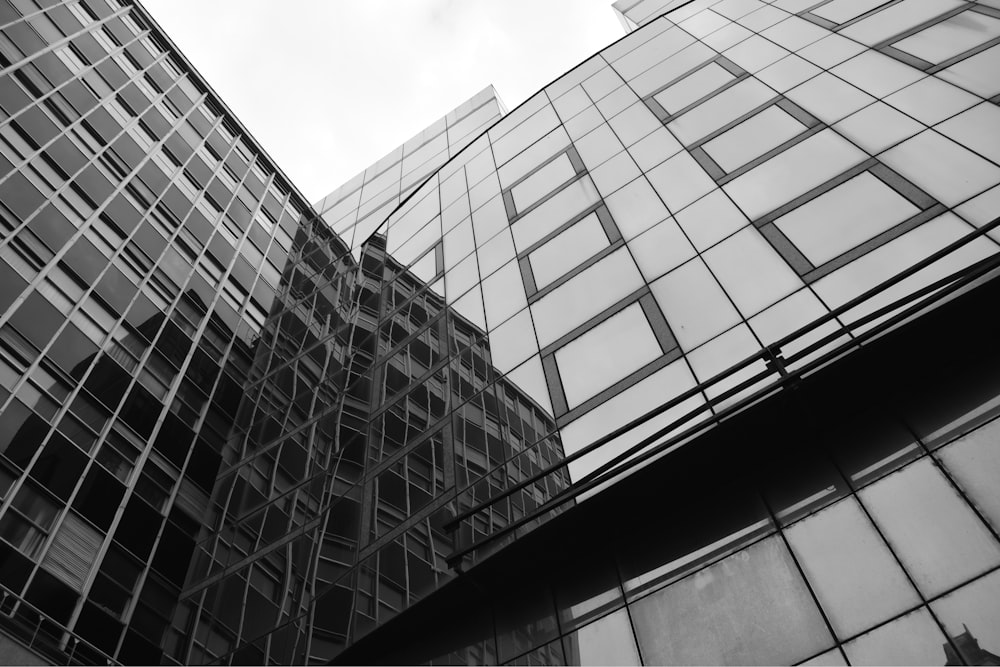 유리 건물의 회색조 로우 앵글 사진