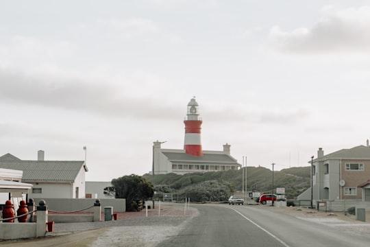 few vehicles on road near building under white sky in Agulhas National Park South Africa