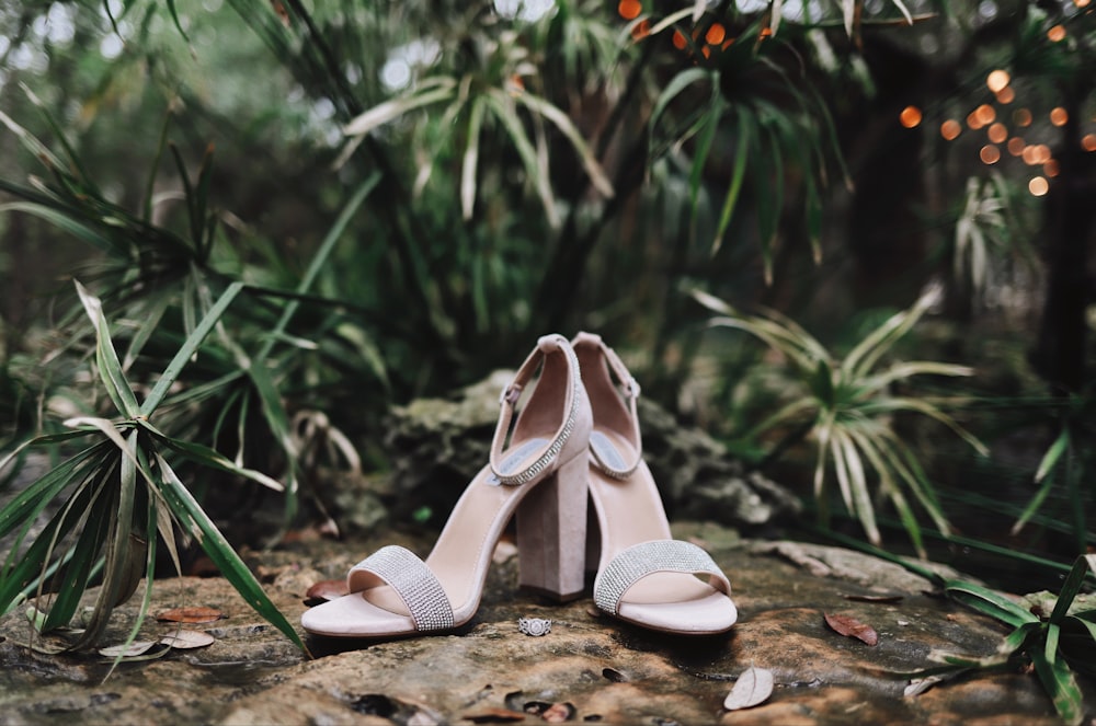 pair of silver open-toe ankle-strap heeled sandals near green leaf plant