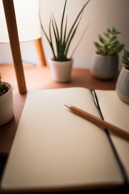 A journal and pen resting on a wooden desk surrounded by plants.