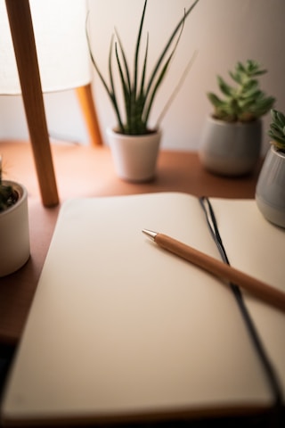 A serene writing desk with a notebook and a pen, surrounded by plants and natural light.