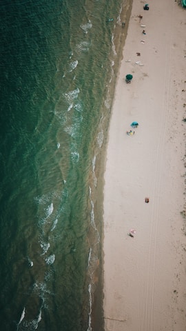 An aerial view of a coastline showcases a sandy beach parallel to a body of greenish-blue water with gentle waves. Sparse beachgoers are scattered along the shore, some with umbrellas providing shade.