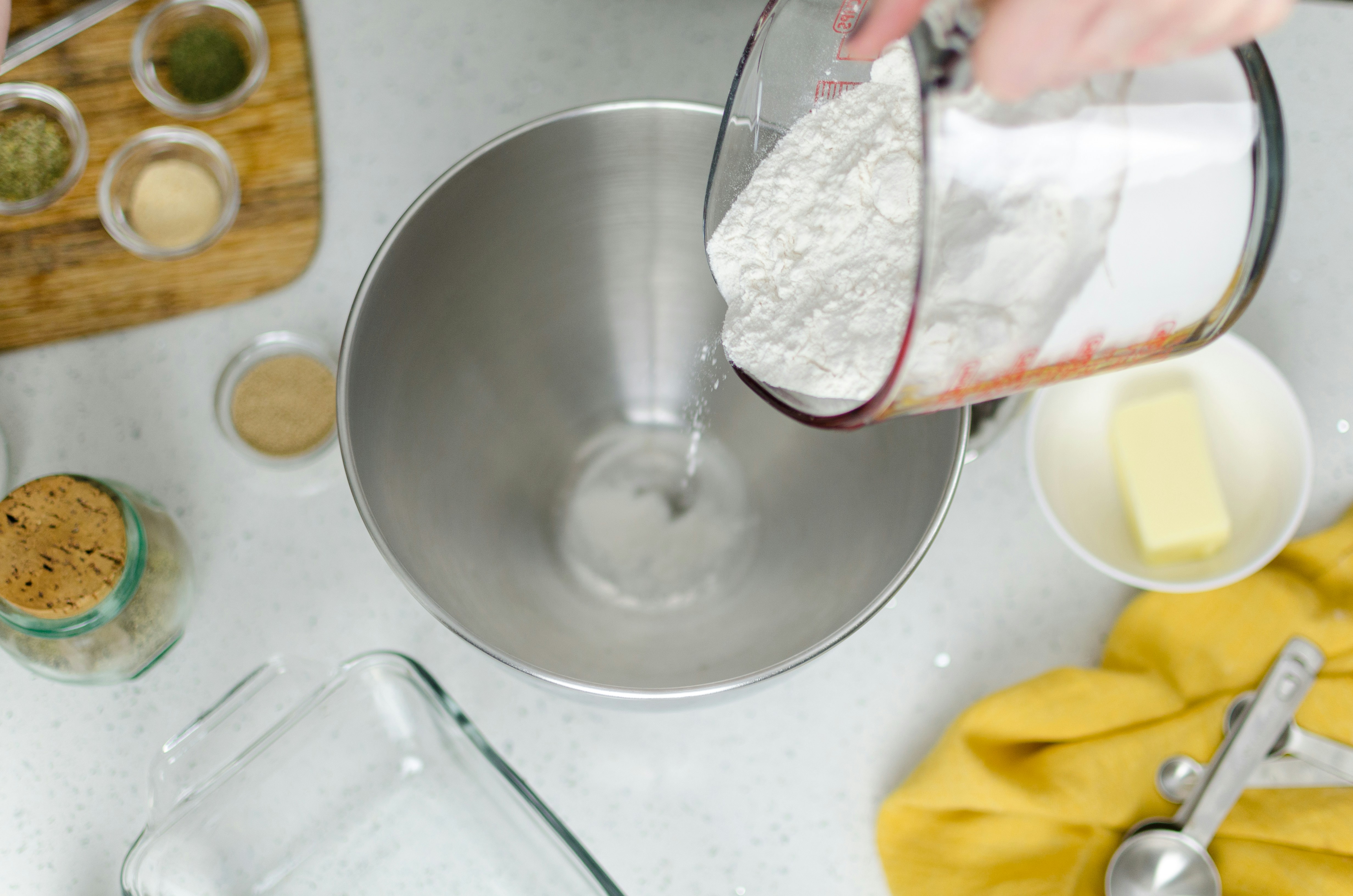 Top-down food photography of bread baking in progress