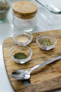 green powder in clear glass bowl