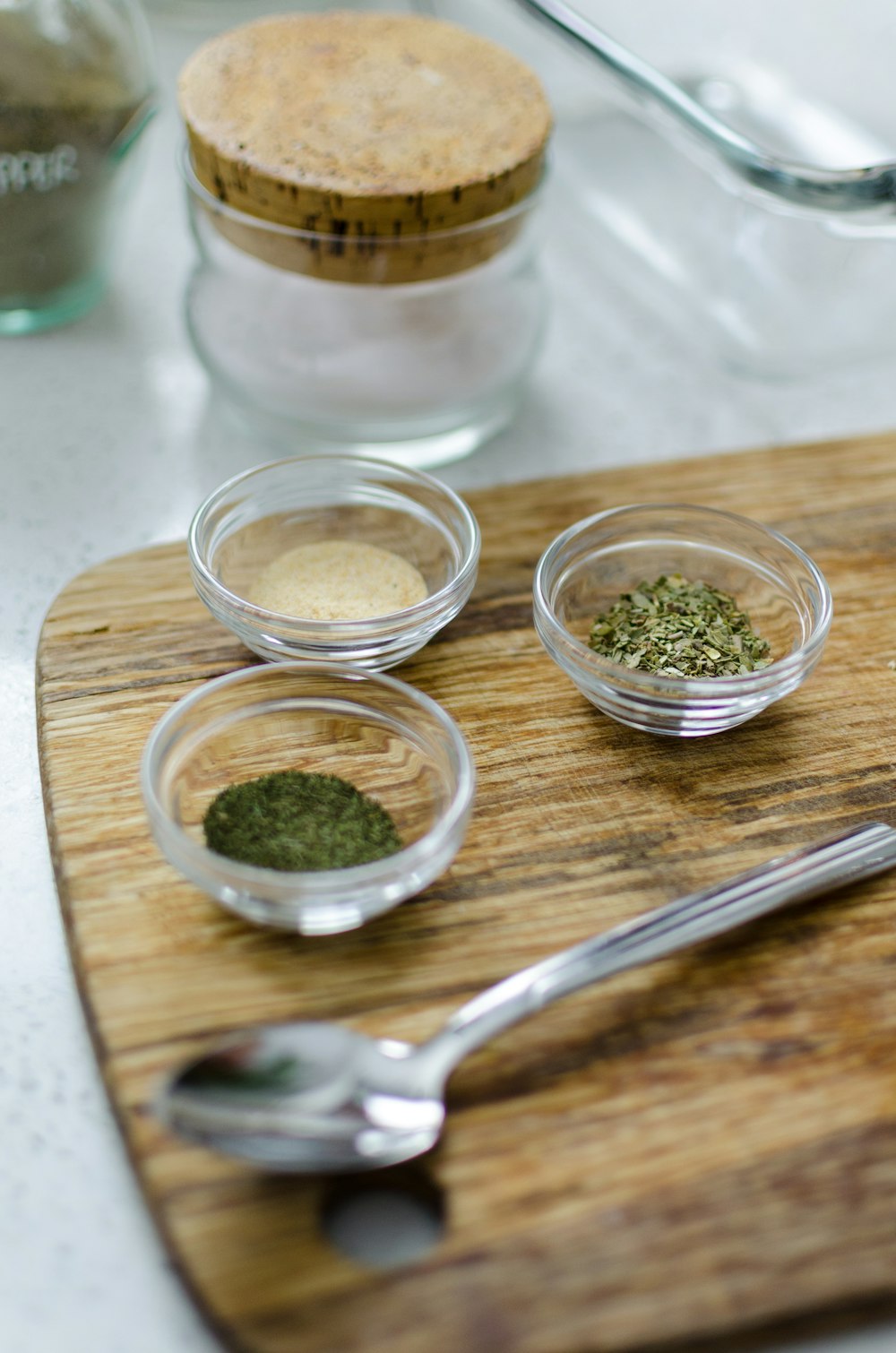 green powder in clear glass bowl