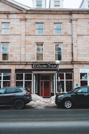 A multi-story brick building with large rectangular windows. The central focus is a storefront called 'The Golden Tulip' with a prominent black and gold sign. Two black cars are parked in front on the street, and there are snow piles at the sidewalk's edge. The building has a classic, historic look with stone detailing around the windows and doors.