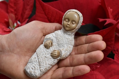 A hand gently cradles a small, intricately detailed figurine of a baby in swaddling clothes. The background is filled with vibrant red poinsettia flowers, adding a festive touch.