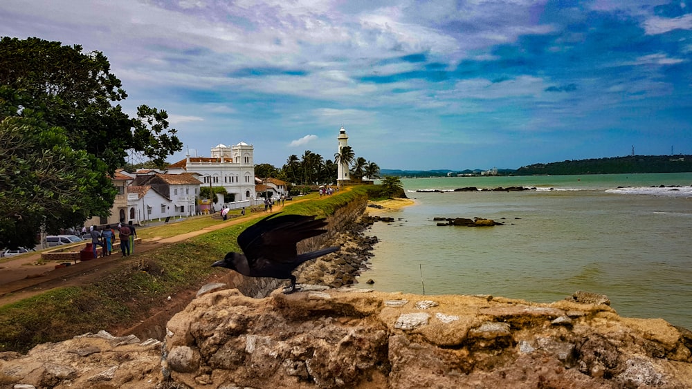 white building near body of water under cloudy sky