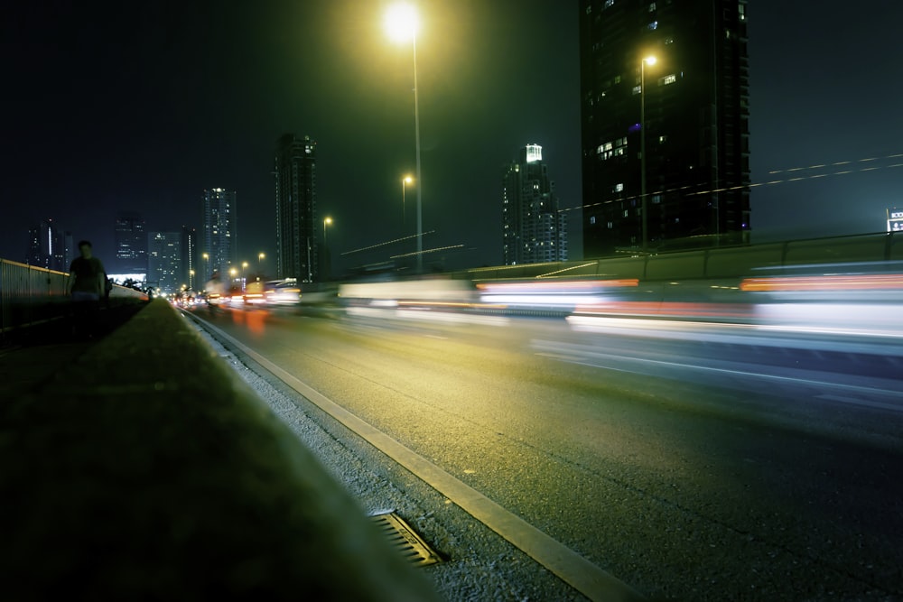 long-exposure photograph of road at night