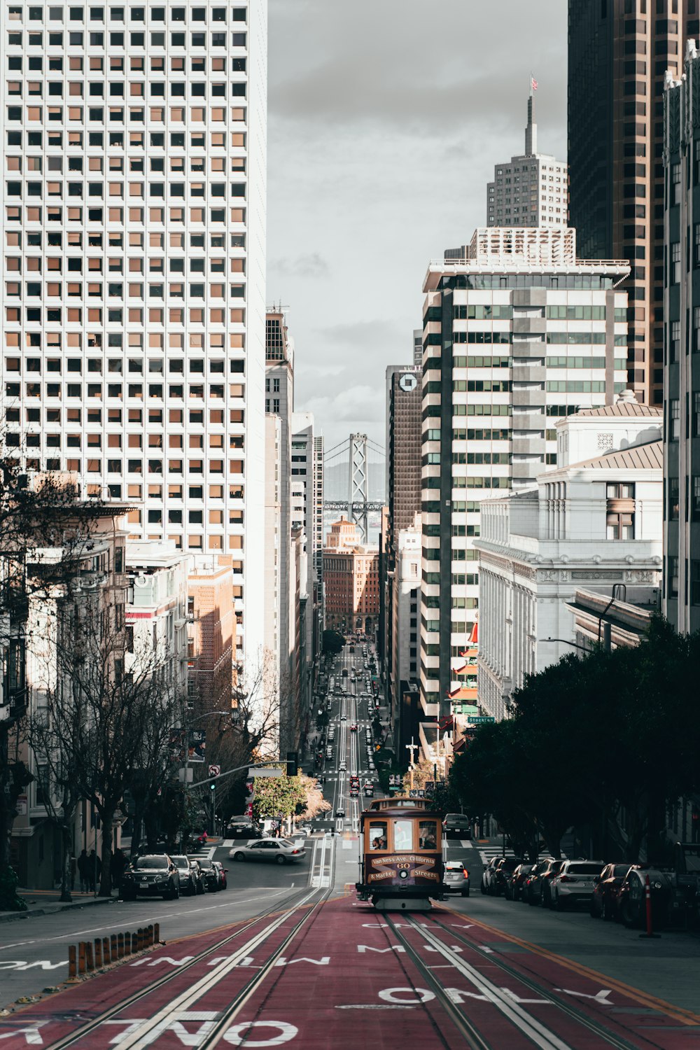 a city street lined with tall buildings and parked cars