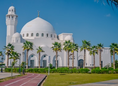A large white mosque with a prominent dome and minaret is surrounded by palm trees and a well-maintained lawn. The sky is bright and clear, adding to the serene ambiance. A red jogging track runs along the front, lined with lampposts and signs.
