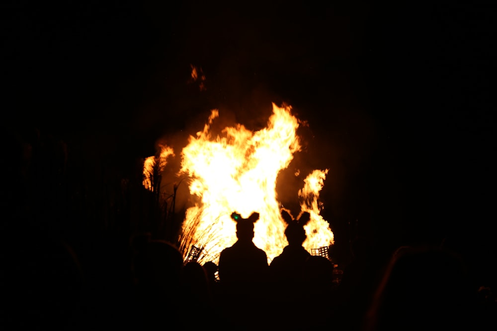 silhouette of people in front of bonfire