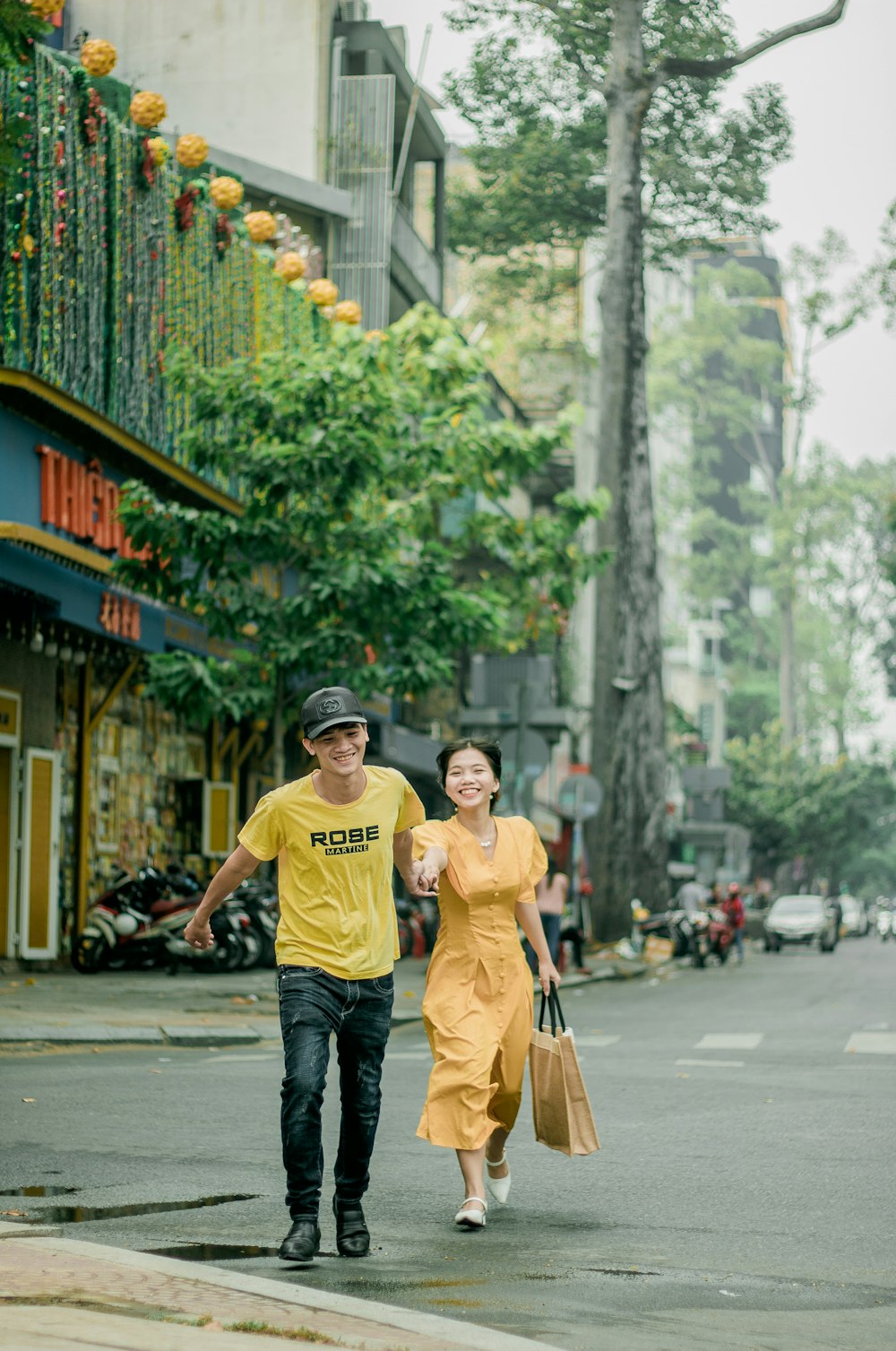 couple walking on road