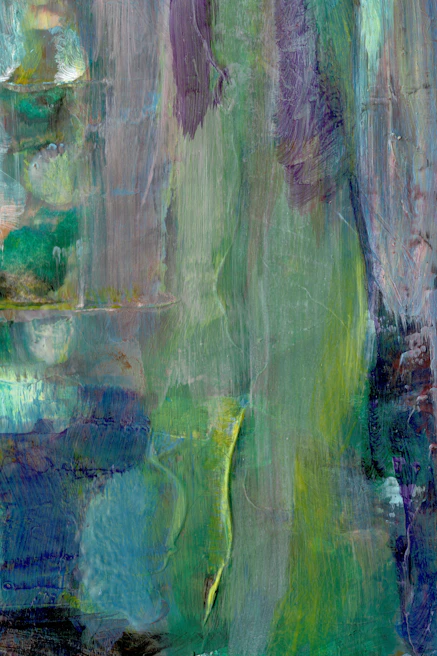 A close-up of textured brushstrokes blending cool greens and purples.