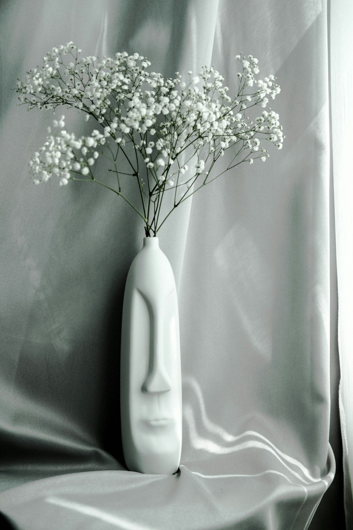 Gypsophile séchée dans un vase en céramique blanche, exemple de fleurs séchées décoratives qui se conservent plusieurs années