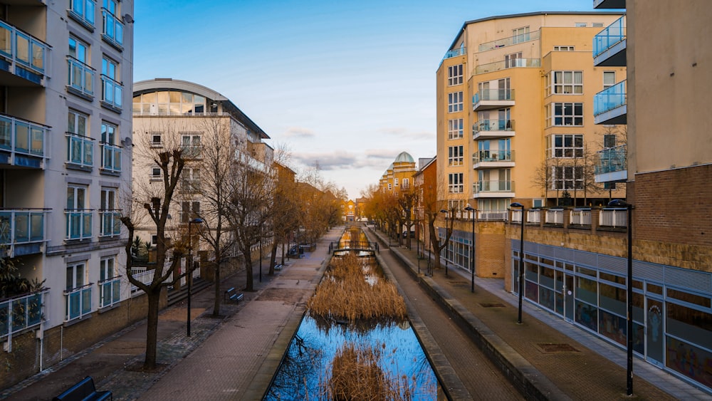 body of water in between of buildings