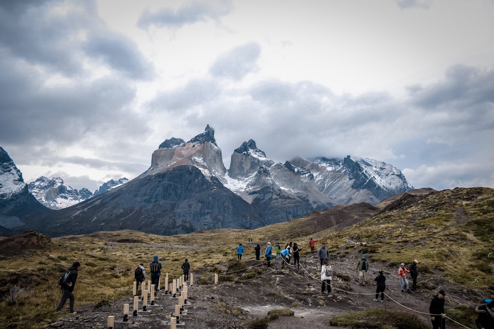 people standing on hill