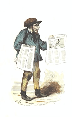 A bearded man is dressed in a hat and coat, holding a newspaper in each hand. The newspaper has the headline 'CELÈBRE ASSASSINAT' and features an illustration. He stands on a cobbled street with an expression of surprise or concern.