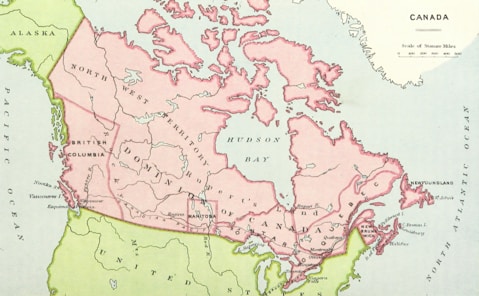 Historical map of Canada representing Canadian genealogy research and ancestral records